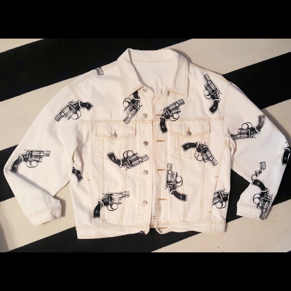 Unisex Bleach Gun Print Denim Jacket